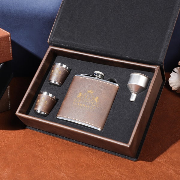 Engraved Leather Flask Set, Personalized Flask Gift Set, Flask for Men, Gifts for Wedding Party, Groomsmen Gift, Leather Hip Flask for Him