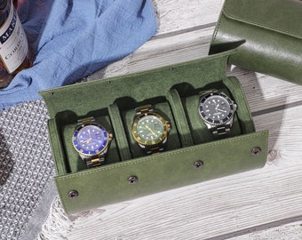 Rollo de reloj verde vintage personalizado, caja de reloj de cuero PU de lujo para 3 relojes, regalos para padres de novios, caja de reloj de viaje, regalos para él