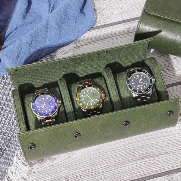 Personalized Vintage Green Watch Roll, Luxury PU Leather Watch Case for 3 Watches, Grooms Fathers Gifts, Travel Watch Box, Gifts for Him