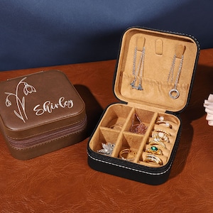 Personalized Travel Jewelry Case, Leather Jewelry Organizer, Custom Birth Flower Jewelry Box, Gift for Her Birthday, Mother Bridesmaid Gift