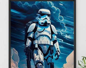 Cloudwalker Stormtrooper Art Poster - Blue and White Duotone - Digital Art Print