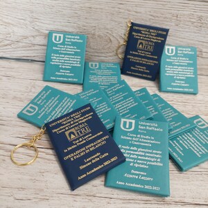 May include: A close-up of a blue and teal keychain with a small book attached. The book has the text "Universita' degli Studi "Roma Tre" Dipartimento di Giurisprudenza Corso di Laurea Magistrale" and "ROMA TRE" in gold lettering. The book also has the text "OPERAZIONI INFRAGRUPPO E FALSO IN BILANCIO" in gold lettering. The keychain is attached to a gold key ring.