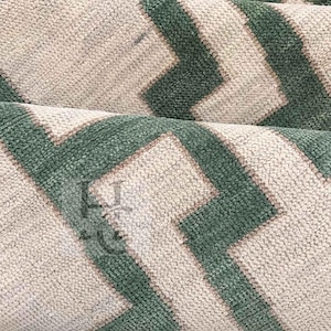 Contemporary Oushak Wool Rug: Faded Beige, Green Accents