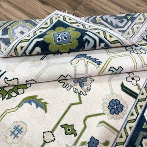 Hand-Knotted Wool Oushak Rug: Beige, Teal, and Pale Blue