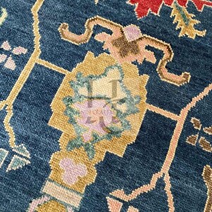 Contemporary Oushak Rug Faded Beige, Turkish Rug Blue Accents, Modern Floral Area Rug Handmade Wool Rug: The Platinum AR_33228