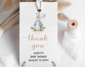 Peter Rabbit Baby Shower Favor Tag, Favor Gifts tag, Bewerkbare Flopsy Bunny Rustiek Aquarel Decor, Blue Balloon Boy Bunny, BS8