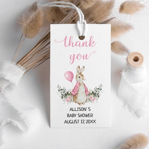 Peter Rabbit Girl Baby Shower Favor Tag, Favor Gifts tag, Editable Flopsy Bunny Rustic Watercolor Decor, Pink Balloon Boy Bunny, BS8