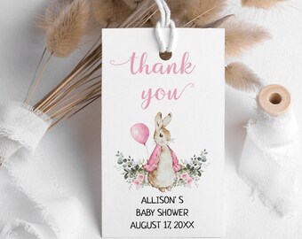 Peter Rabbit Girl Baby Shower Favor Tag, Favor Gifts tag, Bewerkbare Flopsy Bunny Rustiek Aquarel Decor, Pink Balloon Boy Bunny, BS8