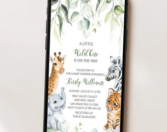 Editable Safari Baby Shower Electronic Invitation Template, Digital Greenery Jungle Animals Baby Shower Evite, Text Message Invite, BS2