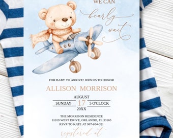Editable We Can Bearly Wait Baby Shower Invitation Template, Teddy Bear Boy Baby Shower Invite, Boho Bear Theme Baby Shower, Digital, BS25