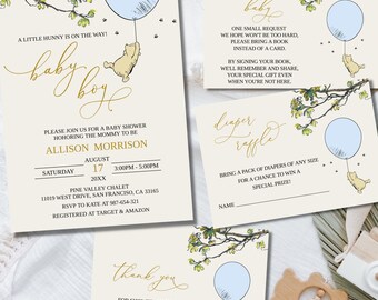 Juego de invitaciones para baby shower de Winnie The Pooh, invitación para baby shower de Pooh, invitación clásica de Winnie The Pooh, baby shower de niño, editable, BS12
