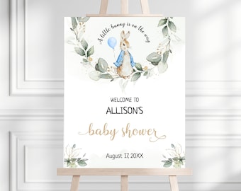 Peter Rabbit Baby-Dusche-Willkommens-Schild, bearbeitbares Flopsie-Häschen rustikales Aquarell-Dekor, rustikal, blauer Ballon-Boy-Häschen, digital, BS8