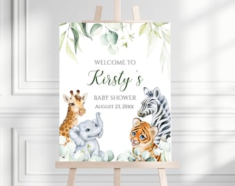 Safari Jungle Baby Shower Welcome Sign, A Little Wild One Baby Shower, Greenery Safari Animals Baby Shower, Digital, BS2