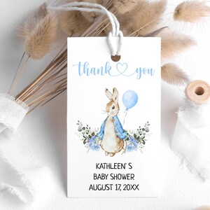 Peter Rabbit Boy Baby Shower Favor Tag, Favor Gifts tag, Editable Flopsy Bunny Rustic Watercolor Decor, Blue Balloon Boy Bunny, BS10