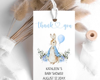 Peter Rabbit Boy Baby Shower Favor Tag, Favor Gifts tag, Bewerkbare Flopsy Bunny Rustiek Aquarel Decor, Blue Balloon Boy Bunny, BS10