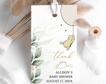 Klassische Winnie The Pooh Baby Shower Favor Tag, Greenery Winnie The Pooh Party, Gender Neutral Baby ShowerThank you Tag, bearbeitbar, BS17