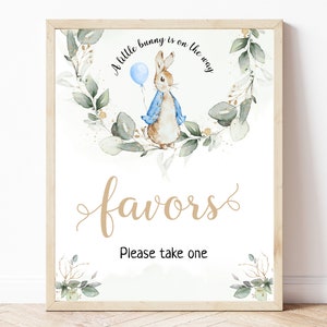 Peter Rabbit Baby Shower Favors Sign, Editable Flopsy Bunny Rustic Watercolor Decor, Rustic, Blue Balloon Boy Bunny, Digital, BS8