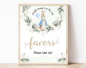 Peter Rabbit Baby Shower Favors Sign, Editable Flopsy Bunny Rustic Watercolor Decor, Rustic, Blue Balloon Boy Bunny, Digital, BS8