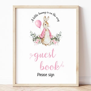 Peter Rabbit Girl Baby Shower Guest Book Sign, Guestbook Sign, Editable Flopsy Bunny Rustic Watercolor Decor, Pink Balloon Girl Bunny, BS9