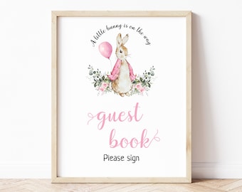 Peter Rabbit Girl Baby Shower Guest Book Sign, Guestbook Sign, Editable Flopsy Bunny Rustic Watercolor Decor, Pink Balloon Girl Bunny, BS9