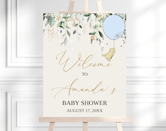Classic Winnie the Pooh Baby Shower Welcome Sign Editable Blue Balloon Boy Decoration Greenery Oh Boy Baby Shower Party Decor BS23