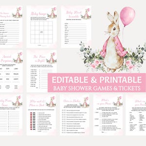 Pacchetto di giochi modificabili per baby shower di Peter Rabbit, giochi rosa per baby shower di Peter Rabbit, giochi classici per baby shower di Peter Rabbit, BS 26