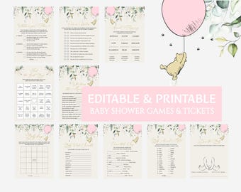 May include: Printable baby shower games featuring Winnie the Pooh and a pink balloon. The games include "Guess the Baby Food", "Who Knows Mommy Best", "Baby Word Scramble", "Name That Tune", "Don't Say Baby", and "What's in the Diaper Bag".