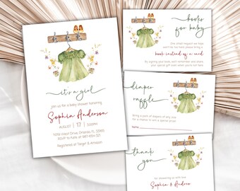 Plantilla de invitación para baby shower con ropa bohemia para niña, invitación "Es una niña", baby shower con flores silvestres verde salvia, descarga editable e imprimible, BS34