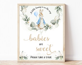Peter Rabbit Baby Shower Babies are Sweet Sign, Editable Flopsy Bunny Rustic Watercolor Decor, Rustic, Blue Balloon Boy Bunny, Digital, BS8
