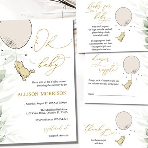 Klassisches Winnie The Pooh Babypartyeinladungsset, Greenery Winnie The Pooh Einladen, geschlechtsneutrale Babypartyeinladung, bearbeitbar, BS17