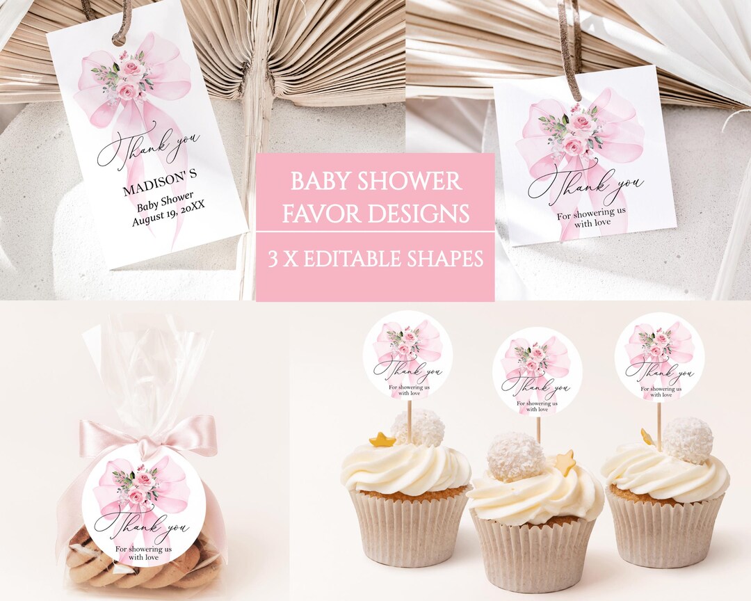 Editable Blush Pink Bow Baby Shower Favor Tags - Floral Thank You ...