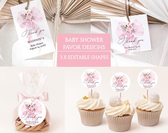 Etiquetas editables con lazo rosa rubor para recuerdos de baby shower - Etiquetas florales de agradecimiento - Plantillas de etiquetas imprimibles para baby shower de niña - Descarga instantánea, BS38