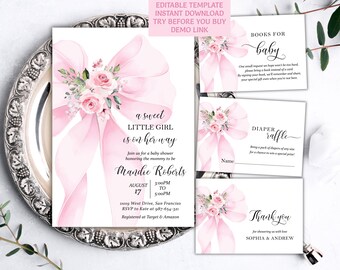 Plantilla editable de invitación para baby shower con lazo rosa, invitación para baby shower de niña Coquette, imprimible, descarga instantánea Templett BS38