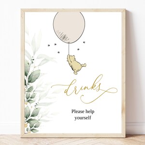 Klassische Winnie The Pooh Baby-Dusche-Getränke-Zeichen, grün Winnie The Pooh-Party, geschlechtsneutrale Baby-Dusche-Dekor, bearbeitbar, BS17