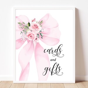 Modern Bow Baby Shower Cards & Gifts Sign – Printable Elegant Coquette Watercolor Blush Pink Baby Shower Template, Editable, BS39