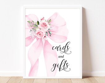 Tarjetas y letreros de regalo para baby shower con lazo moderno: plantilla imprimible, elegante y coqueta en acuarela rosa ruborizado, editable, BS39