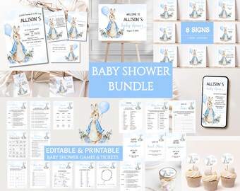 Paquete de baby shower de Peter Rabbit: decoraciones vintage editables para fiesta de niño, letreros, juegos e invitaciones personalizados para baby shower (BS27)