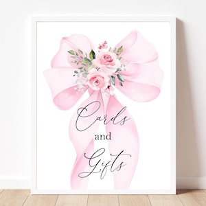 Editable Blush Pink Bow Baby Shower Cards & Gifts Sign – Elegant Coquette Watercolor Baby Shower Template, Editable, Printable, BS38