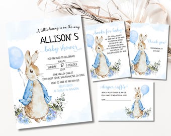 Paquete de invitaciones editables para baby shower de Peter Rabbit, juego de invitaciones para baby shower de Peter Rabbit azul, fiesta rústica de baby shower de niño imprimible, BS27