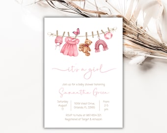 Plantilla de invitación para baby shower con ropa bohemia para niña, editable, imprimible, BS41