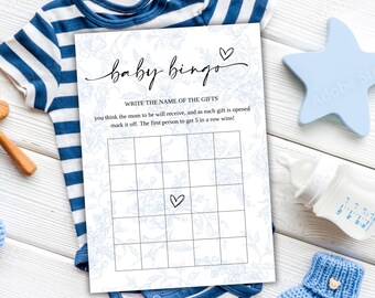 Juego de bingo floral azul para bebé, imprimible, juego para baby shower de niño, elegante tarjeta de bingo para bebé, actividad clásica para baby shower, descarga instantánea JPG PDF