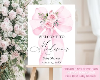 Letrero de bienvenida para baby shower con lazo rosa, editable, coqueto, para niña, imprimible, descarga instantánea Templett BS38