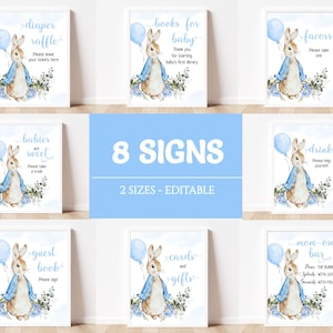 Peter Rabbit Baby Shower Sign Bundle Editable Blue Balloon Boy Decoration Rustic Watercolor Bunny Baby Shower Party Decor Signs Bundle BS27