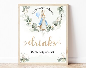 Peter Rabbit Baby Shower Drinks Sign, Editable Flopsy Bunny Rustic Watercolor Decor, Rustic, Blue Balloon Boy Bunny, Digital, BS8