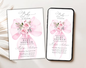 Blush Pink Bow Baby Shower Evite Template, Editable Modern Elegant Watercolor Coquette Bow Invitation, Printable Instant Download, BS38
