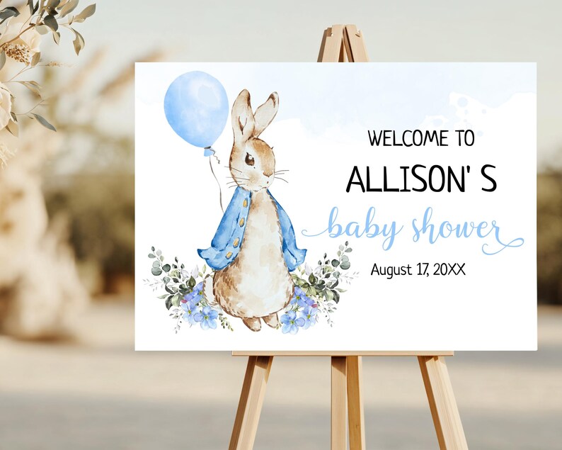 Peter Rabbit Baby Shower Welcome Sign, Editable Flopsy Bunny Rustic ...
