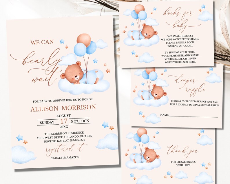 Editable We Can Bearly Wait Baby Shower Invitation Teddy Bear Hot Air ...