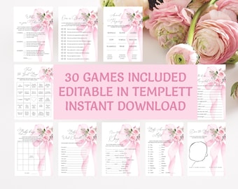 Paquete de juegos para baby shower con lazo rosa, 30 juegos imprimibles, Coquette Baby Shower para niña, editable, descarga instantánea de Templett, BS38