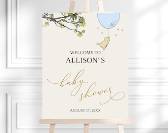 Winnie The Pooh Baby Shower signo de bienvenida, Pooh - Decoración de la ducha del bebé, signo clásico de Winnie The Pooh, Baby Boy Shower, Editable, BS12
