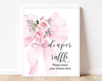 Letrero editable con lazo rosa ruborizado para rifa de pañales: plantilla elegante y coqueta de acuarela para baby shower, letrero imprimible para niña, BS39